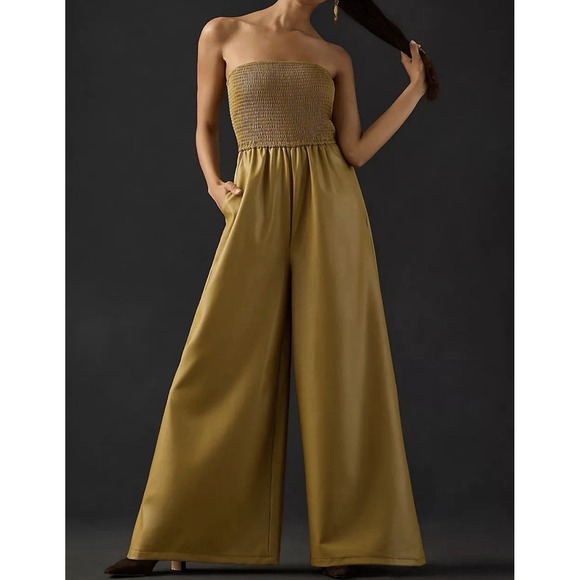 Pilcro Pants - Pilcro Anthropologie Faux Leather Smocked Wide-Leg Jumpsuit M Boho Preppy